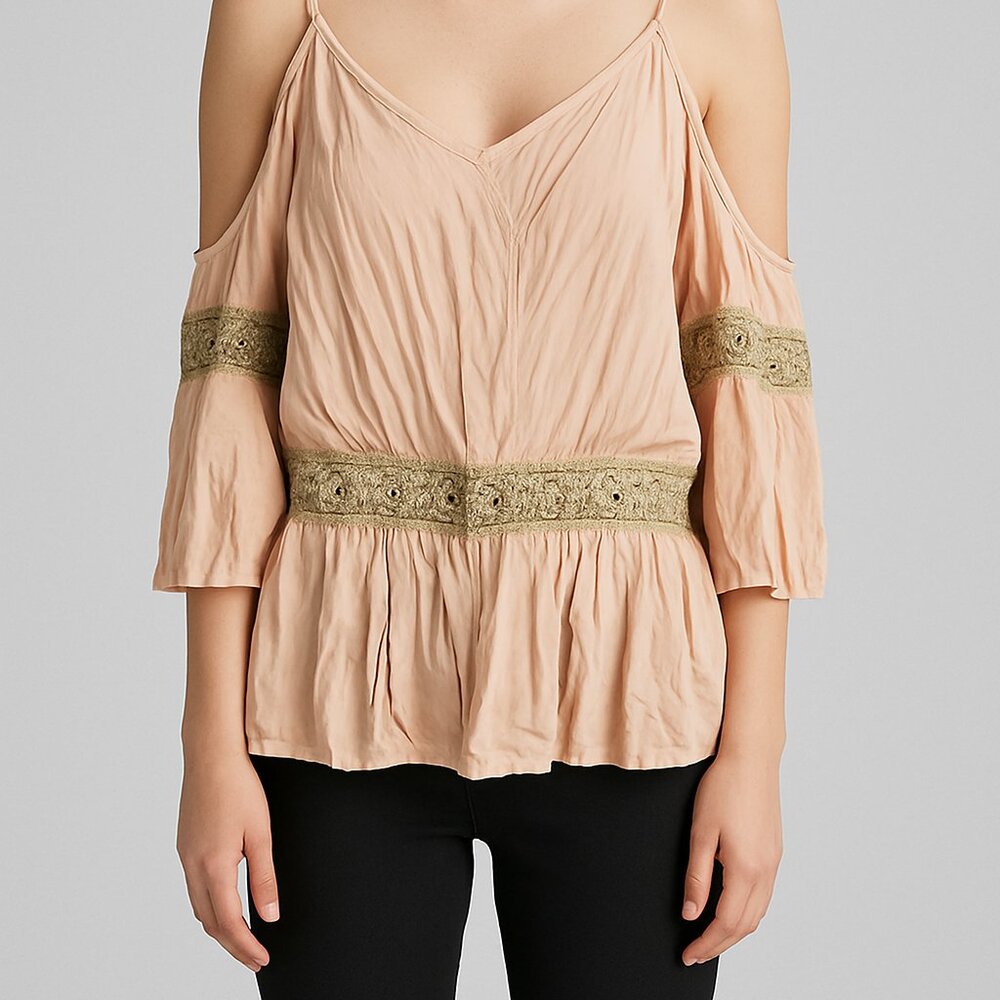 Tea N Rose Cold Shoulder Lace Trim Blouse